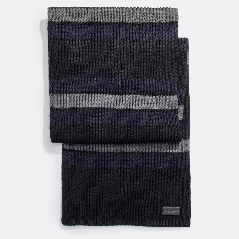 NWT Coach 100% Wool Black Gray Stripe Wool Varsity Scarf Preppy